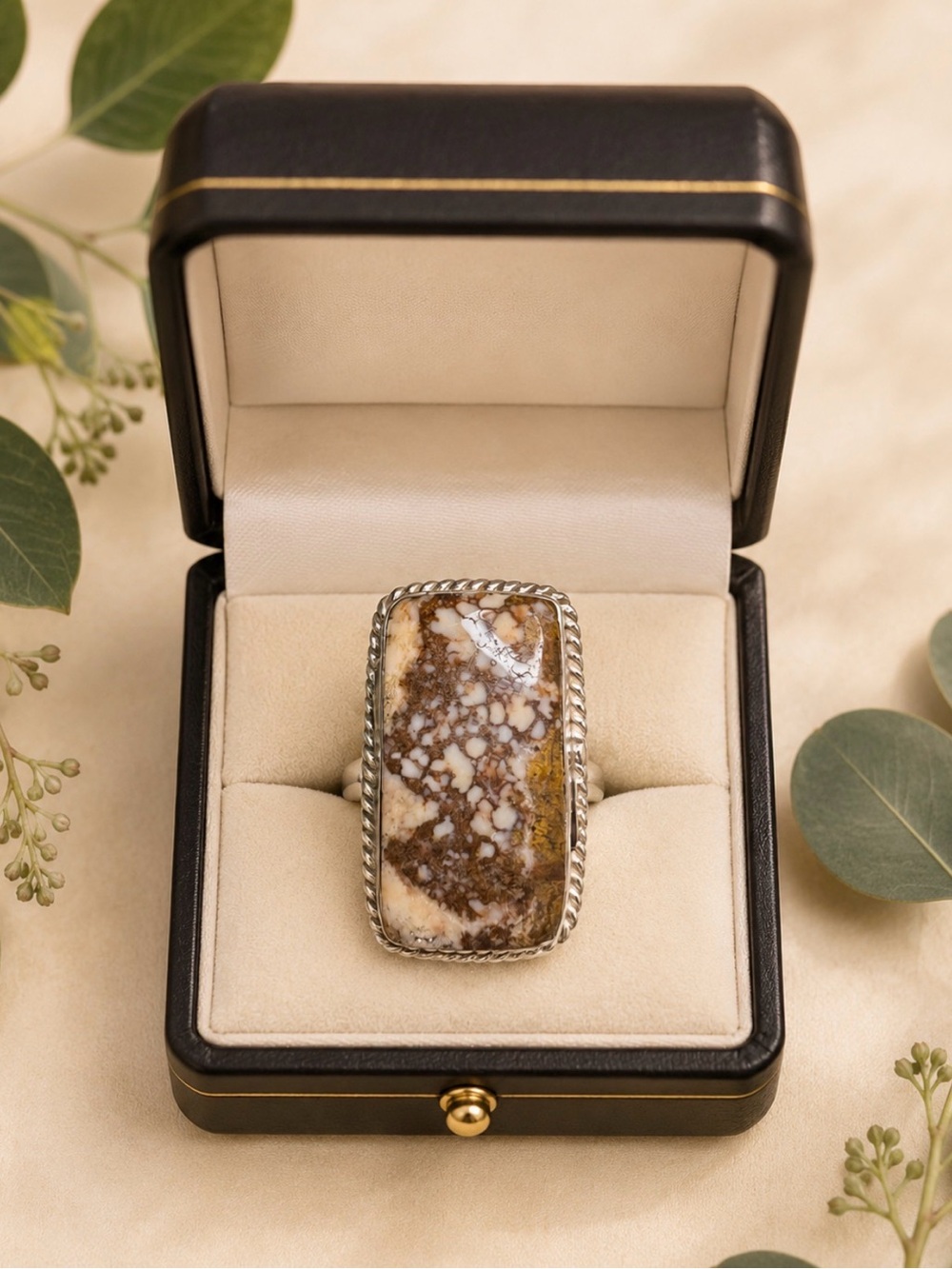 🤩Ring Sterling Silver Gembone Agate Fossil  Statement Ring